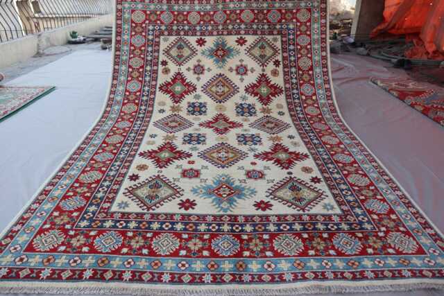 6x9 Beige Kazak Area Rug - Geometric Design Natural Veg Dyes Tribal Afghan Handmade Wool Oriental Living Room Dining Table - image 1