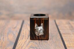 Boston Terrier - Wooden Candlestick With Dog, Souvenir, Decoration, Limited Edition, Collection