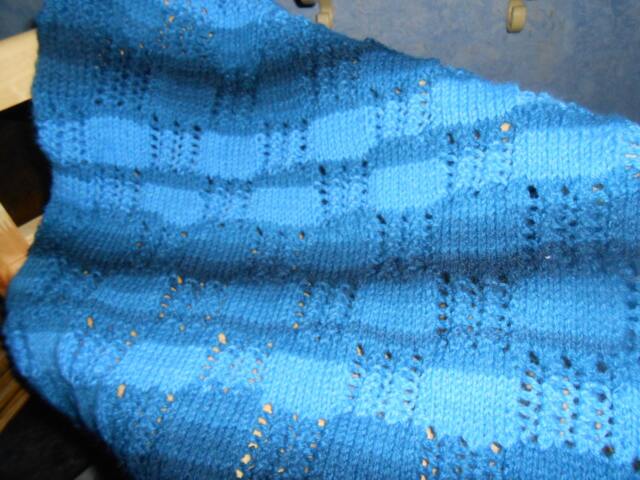 Blue Variegated Handmade Hand-Knitted Squares & Lace Baby Afghan Or Blanket - image 1