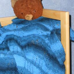 Blue Variegated Handmade Hand-Knitted Squares & Lace Baby Afghan Or Blanket - thumbnail 2