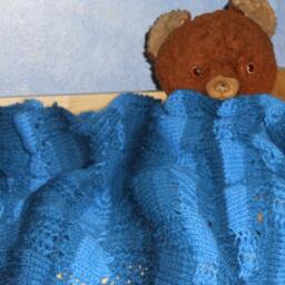 Blue Variegated Handmade Hand-Knitted Squares & Lace Baby Afghan Or Blanket - thumbnail 3