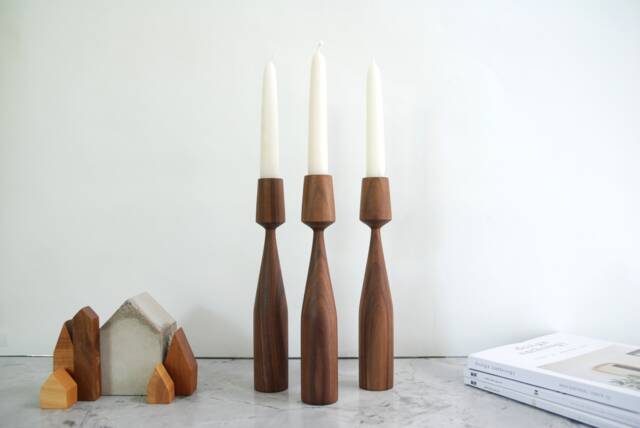 Walnut Wood Candleholder Set Of 3 Albert Handturned Candlesticks For Hygge Decor. Minimalist Candle Holder Table Decor - image 1