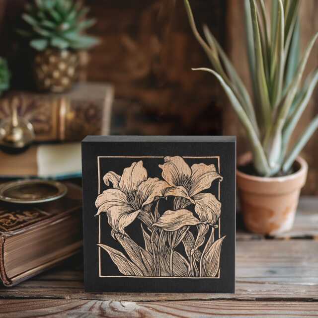 Daylily Flowers Mini Engraved Birch Wood Panel - Block Print Floral Garden Wall Art, Plant Mom Illustration Print, Farmhouse Home Decor Gift - image 1