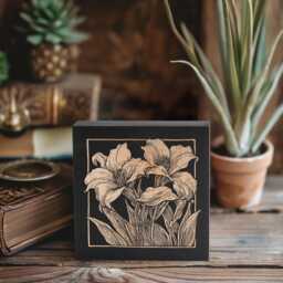 Daylily Flowers Mini Engraved Birch Wood Panel - Block Print Floral Garden Wall Art, Plant Mom Illustration Print, Farmhouse Home Decor Gift - thumbnail 1