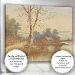 Golden Autumn Riverside Cottage Birch Tree Watercolour Landscape Canvas Wall Art Print Decor Picture Ready To Hang - thumbnail 3