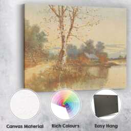 Golden Autumn Riverside Cottage Birch Tree Watercolour Landscape Canvas Wall Art Print Decor Picture Ready To Hang - thumbnail 2