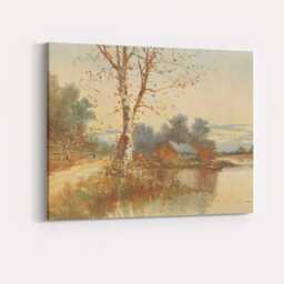 Golden Autumn Riverside Cottage Birch Tree Watercolour Landscape Canvas Wall Art Print Decor Picture Ready To Hang - thumbnail 4