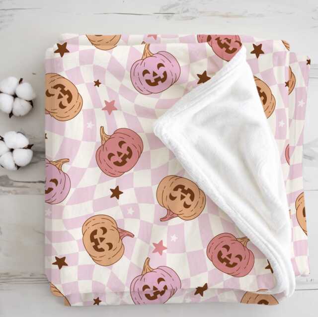 Pumpkins - Checkered Pink, Sherpa Fleece Blanket, Decor, Kids Bedding, Blankets, Children's, Stars Halloween, Pumpkins, Blanket - image 1