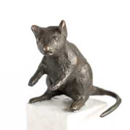 Mouse With Wooden Base, Bronze Sculpture