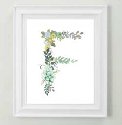 Floral Letter F Art Print Hand-Painted Nursery Decor - thumbnail 1