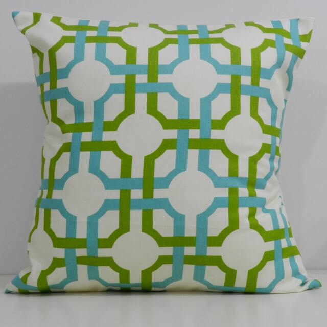 New 18x18 Inch Designer Handmade Pillow Case in Blue & Green, Trellis On White