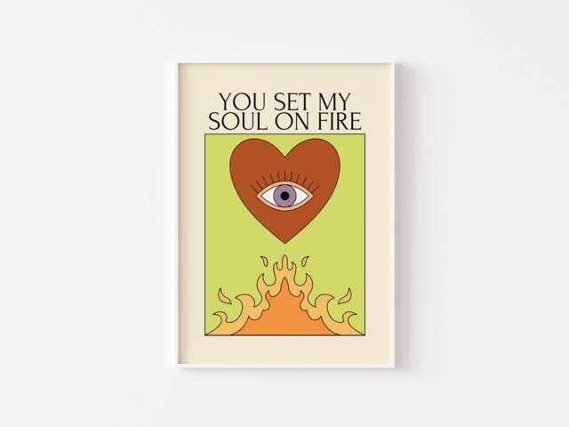 Retro You Set My Heart On Fire Print - Flames, All Seeing Eye, Funky 90S Poster, Love Quote, Bedroom Art, Heart - image 1