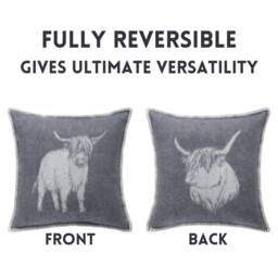 Grey Highland Cow Cushion Cover - Pure Wool Reversible Pillowcase 45 X 45cm/ 18 18 - thumbnail 3