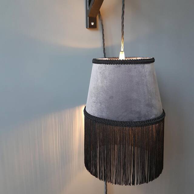 Grey Lampshade in Velvet With Black Fringing & Braid - image 1