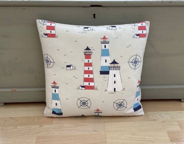 Handmade Nautical Lighthouse Throw Pillow Cover Coastal Linen Cushion - image 1
