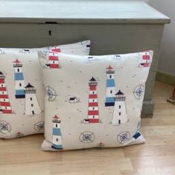 Handmade Nautical Lighthouse Throw Pillow Cover Coastal Linen Cushion - thumbnail 3