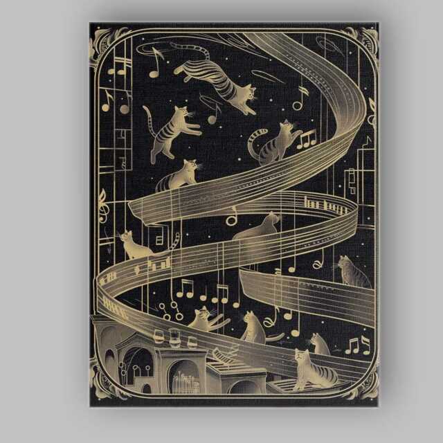 Elegant Musical Cats Art Deco Gold Black Illustration Canvas Wall Print Decor Picture Ready To Hang - image 1