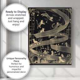 Elegant Musical Cats Art Deco Gold Black Illustration Canvas Wall Print Decor Picture Ready To Hang - thumbnail 3