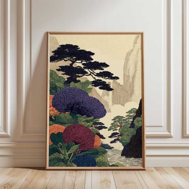 Japanese Landscape Poster - Botanical Mountain Scene Illustration Vintage Ukiyo E Style Art - image 1