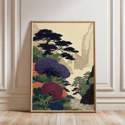 Japanese Landscape Poster - Botanical Mountain Scene Illustration Vintage Ukiyo E Style Art - thumbnail 1