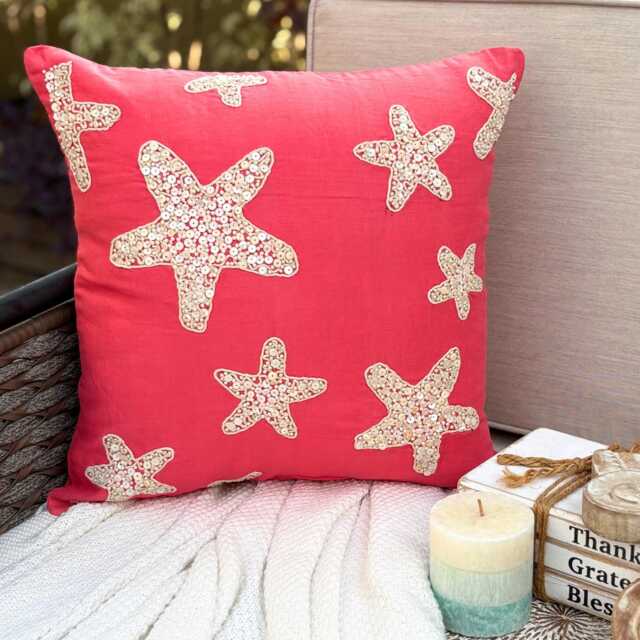 Cotton Linen Mother Of Pearl Coral Pink Decorative Pillow Sham, 24x24/26x26, Beach Style Euro Square Pillowcase - Corallian Star Spirit - image 1