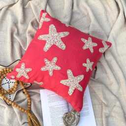 Cotton Linen Mother Of Pearl Coral Pink Decorative Pillow Sham, 24x24/26x26, Beach Style Euro Square Pillowcase - Corallian Star Spirit - thumbnail 3