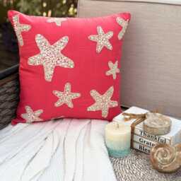 Cotton Linen Mother Of Pearl Coral Pink Decorative Pillow Sham, 24x24/26x26, Beach Style Euro Square Pillowcase - Corallian Star Spirit - thumbnail 2