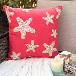 Cotton Linen Mother Of Pearl Coral Pink Decorative Pillow Sham, 24x24/26x26, Beach Style Euro Square Pillowcase - Corallian Star Spirit - thumbnail 1
