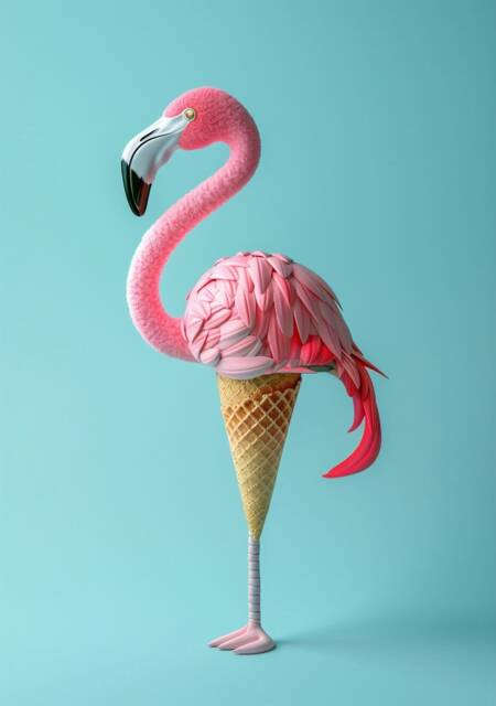 Funny Animal Wall Art Pink Flamingo Ice Cream & Cone - A4 A3 A2 Festival Merch