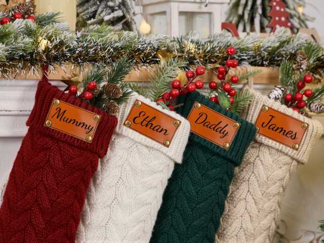 Personalised Christmas Stockings, Leather Patch Stockings, Knitted Stockings, Custom Family Stockings With Name, Holiday Stocking, Christmas Gift - image 1