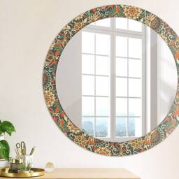 Retro Floral Illustration, Copper, Round Mirror Frame, Colorful, Glass Wall Art, Printed - thumbnail 2