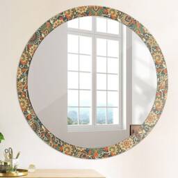 Retro Floral Illustration, Copper, Round Mirror Frame, Colorful, Glass Wall Art, Printed - thumbnail 4