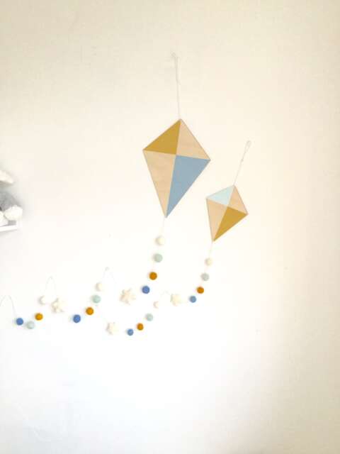 Nursery Kite Wall Hanging Mustard, Mint & Blue Kites With Wool Felt Balls - image 1