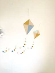Nursery Kite Wall Hanging Mustard, Mint & Blue Kites With Wool Felt Balls