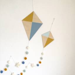 Nursery Kite Wall Hanging Mustard, Mint & Blue Kites With Wool Felt Balls - thumbnail 3