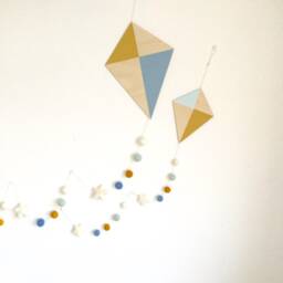 Nursery Kite Wall Hanging Mustard, Mint & Blue Kites With Wool Felt Balls - thumbnail 2