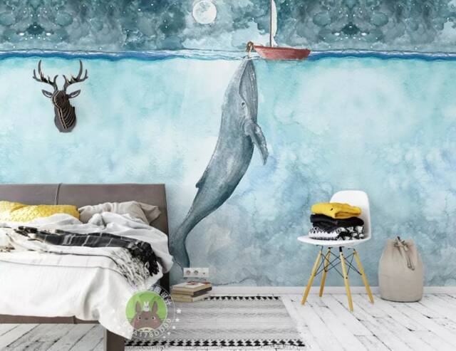 3D Whale Wallpaper Mural, Sailboat Kids Wall Art, Peel & Stick - image 1