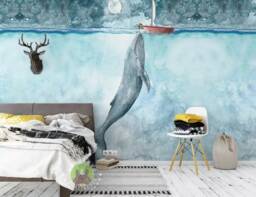 3D Whale Wallpaper Mural, Sailboat Kids Wall Art, Peel & Stick - thumbnail 1