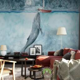 3D Whale Wallpaper Mural, Sailboat Kids Wall Art, Peel & Stick - thumbnail 3