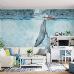 3D Whale Wallpaper Mural, Sailboat Kids Wall Art, Peel & Stick - thumbnail 2