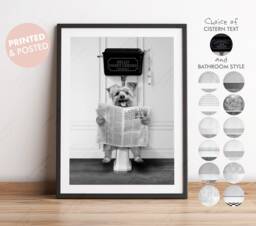 Black & White Yorkshire Terrier Dog On Toilet With Newspaper, Humour Art, Funny Bathroom Print, Toilet, Art - thumbnail 1