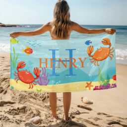 Personalized Marine Animal Beach Towels, Customized Name Towels For Kids, Customized Cartoon Swimming Pool Beach Parties Gift - thumbnail 1