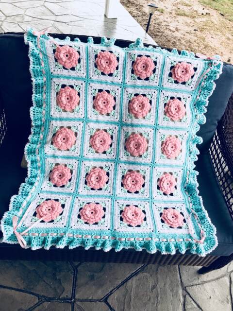 Crochet Rose Baby Blanket Vintage Style Girl Afghan Crib Throw - image 1