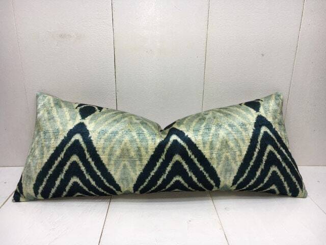 Handwoven Silk Ikat Lumbar Pillow Cover, Modern Home Decor - 10x24 - image 1