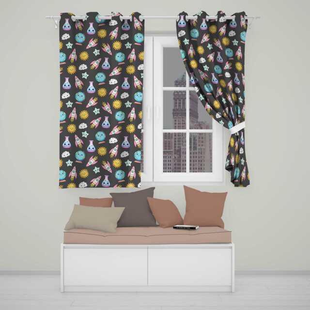 Cute Kawaii Space Rocket Globe Sun Star Dark Seamless Pattern Readymade Eyelet Ring Top Thermal 100% Blackout Curtains - image 1