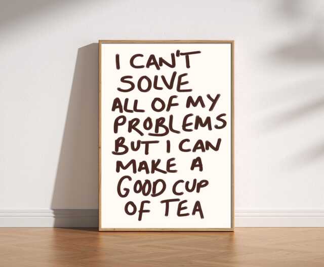 Funny Cup Of Tea Kitchen Print - Cosy Wall Art, Hand Drawn Relatable Cafe Decor, Mid Century Retro Doodle Phrase, Breakfast Art - image 1