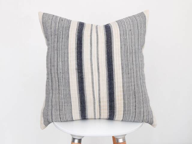 Vintage Hmong Hemp Pillow Cover, Black Indigo Striped, 20x20 - image 1