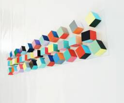 Geometric Wood Cube Wall Art 3D Pop Art Sculpture On Acrylic Panel. Bold Colors - thumbnail 1