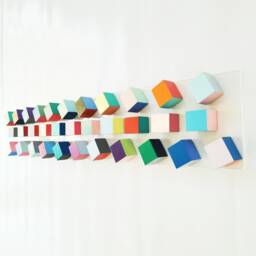 Geometric Wood Cube Wall Art 3D Pop Art Sculpture On Acrylic Panel. Bold Colors - thumbnail 2