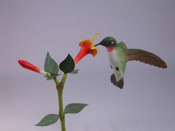 Open-Winged Ruby-Throated Hummingbird #1 Hand Carved Wooden Bird - image 1